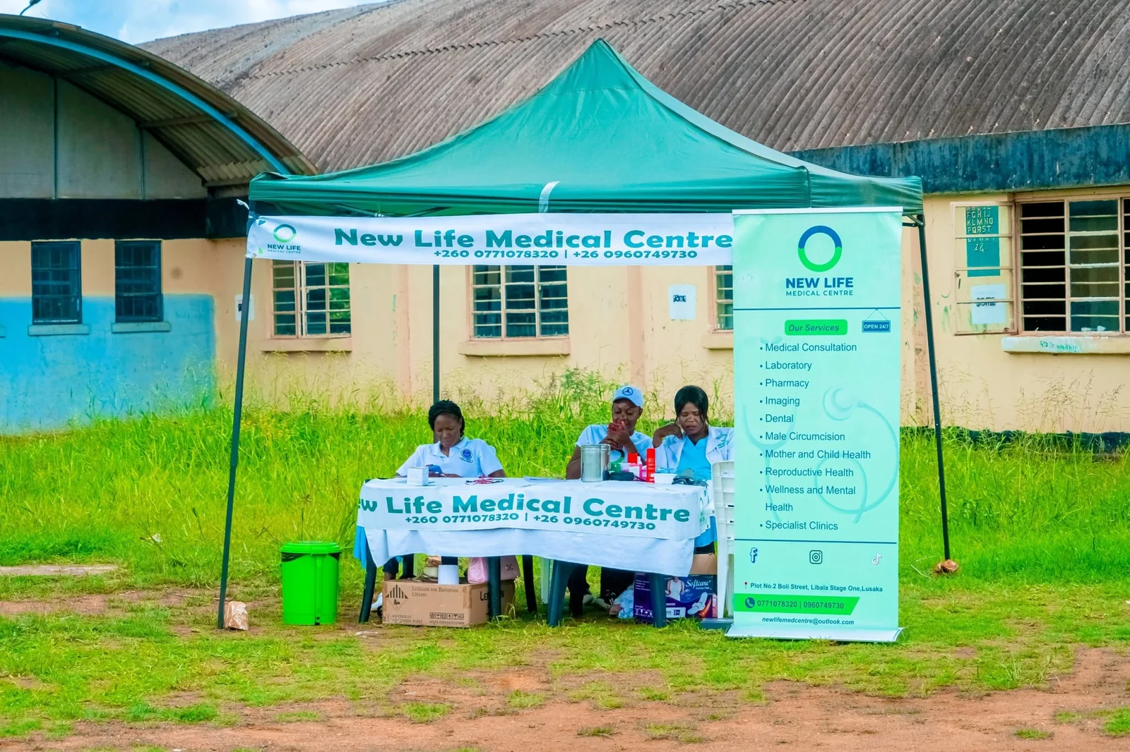 New Life Medical Centre outreach tent with staff providing community health services